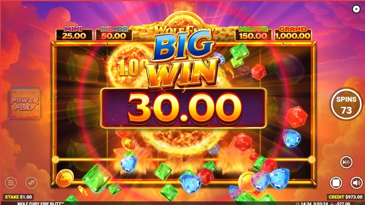 Giao diện trò chơi Wolf Fury Fire Blitz với các biểu tượng trái cây và sói lửa