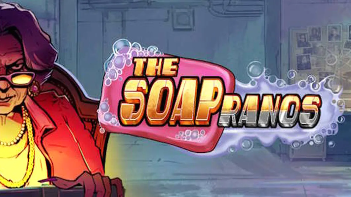 Hình ảnh màn hình trò chơi The Soapranos với chủ đề đô thị, đèn neon và các biểu tượng kịch tính.